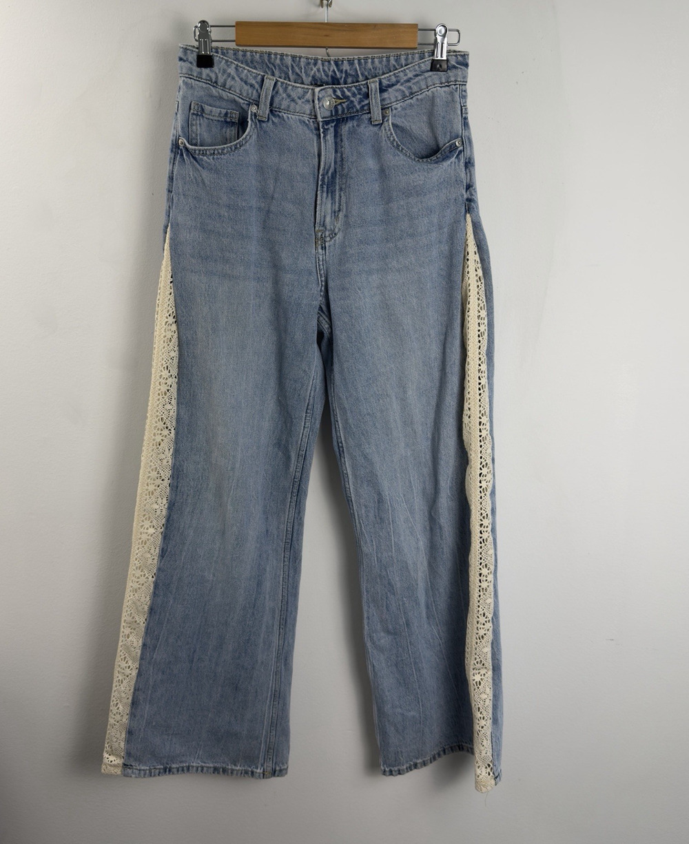 H&M Wide Leg Women's Jeans With Lace Panel Handmade BoHo Festival Size 6